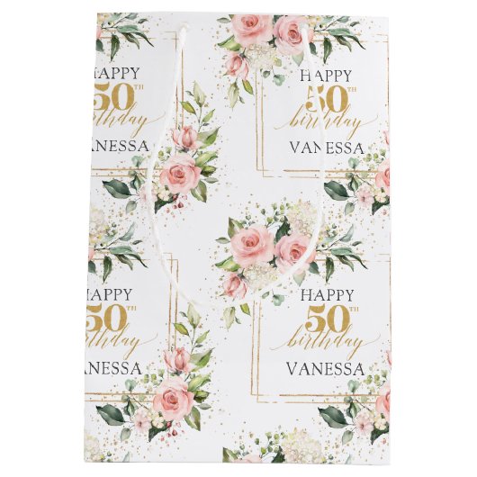 ボホ赤面バラセージ緑金ゴールド50誕生日 ミディアムペーパーバッグ (裏面)