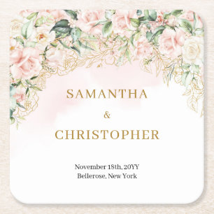 ボホ赤面バラ金ゴールドグリッターユーカリ結婚ス スクエアペーパーコースター