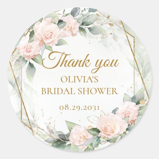 ボホ赤面ピンクのバラの緑と金ゴールドフレーム ラウンドシール (正面)