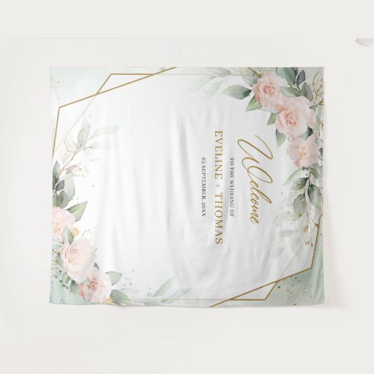 ボホ赤面ピンクのバラ緑の金ゴールドフレーム結婚ズ タペストリー (正面(横))