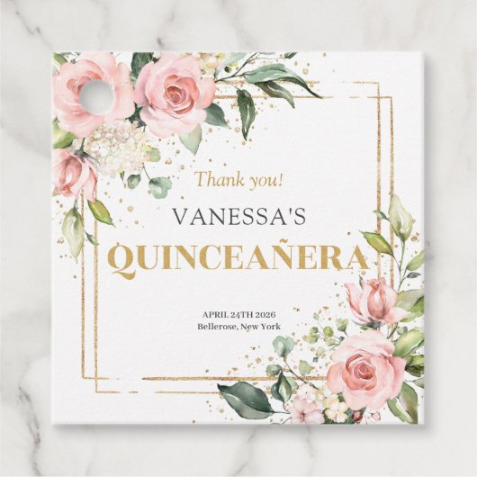 ボホ赤面ピンクのバラ金ゴールドティアラセージQuinceanera フェイバータグ (正面)