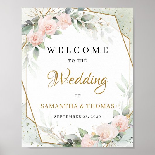 ボホ赤面ピンクの花とユーカリと金ゴールド ポスター (正面)