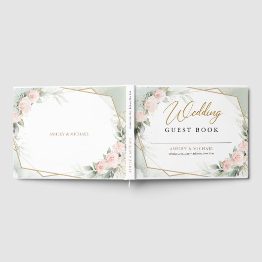 ボホ赤面ピンクの花と緑と金ゴールド結婚の ゲストブック (全面)
