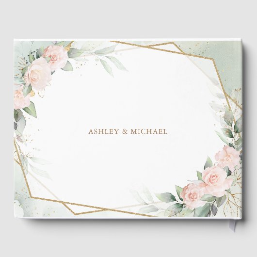 ボホ赤面ピンクの花と緑と金ゴールド結婚の ゲストブック (裏面)