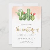 ボホ赤面ピンクウォーターカラー&サボテン結婚ズ 招待状 (正面)