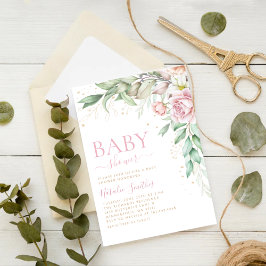 ボホ赤面ピンクウォーター色フローラガールベビーシャワー 招待状