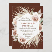 ボホ赤面ピンクオンブラウンフローラクリスチャン結婚ズ 招待状 (正面/裏面)