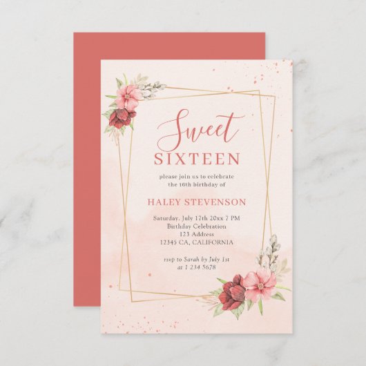 ボホ赤面ピンクテラコッタフローラシックスウィート16 招待状 (正面/裏面)