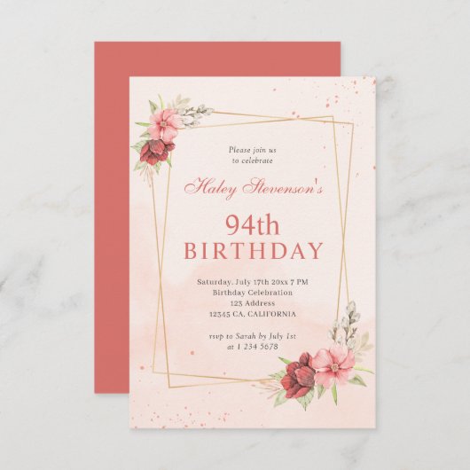 ボホ赤面ピンクテラコッタフローラ94th誕生日 招待状 (正面/裏面)