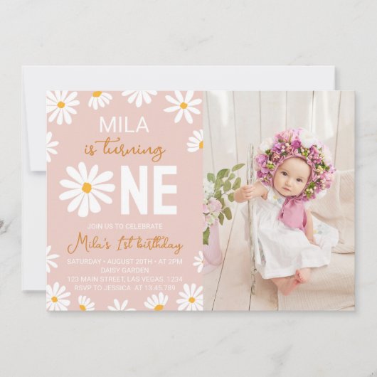 ボホ赤面ピンクデイジー誕生日招待状 招待状 (正面)