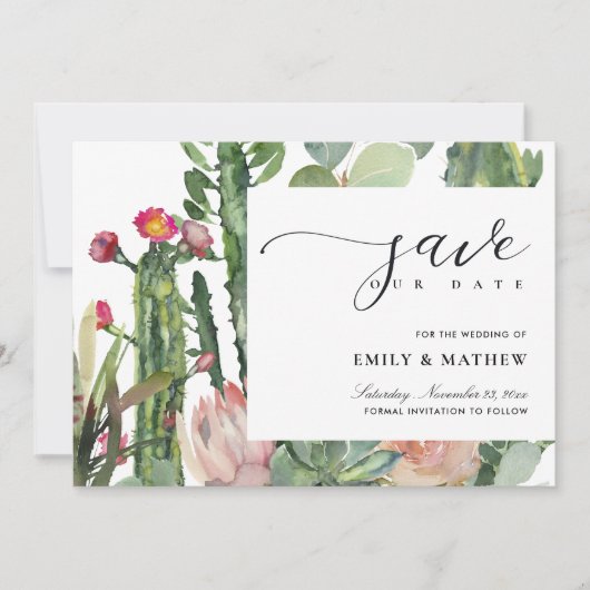 ボホ赤面ピンクデザートサボテンフローラ水彩 セーブザデート (正面)