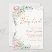 ボホ赤面ピンクフローラグリーニーガールベビーシャワー 招待状 (正面)