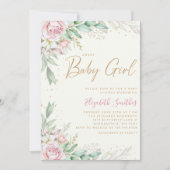 ボホ赤面ピンクフローラグリーニーガールベビーシャワー 招待状 (正面)