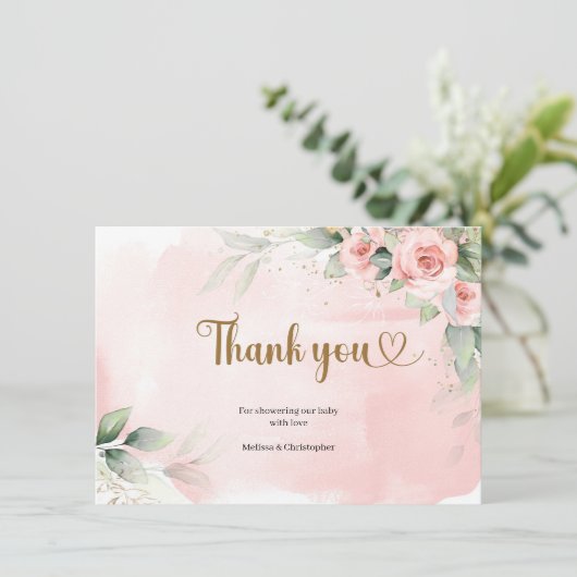 ボホ赤面ピンクフローラグリーンユーカリ金ゴールド楕円 サンキューカード (スタンド正面)