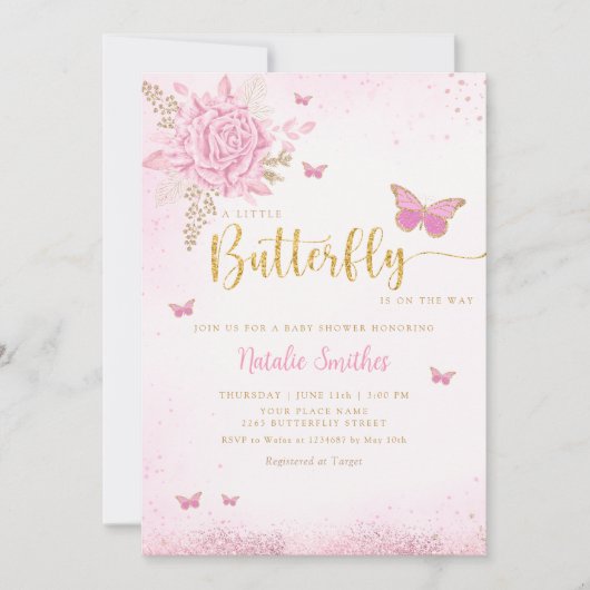 ボホ赤面ピンクフローラバタフライガールベビーシャワー 招待状 (正面)