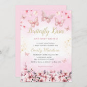 ボホ赤面ピンクフローラバタフライガールベビーシャワー 招待状 (正面/裏面)