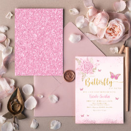 ボホ赤面ピンクフローラバタフライガールベビーシャワー 招待状