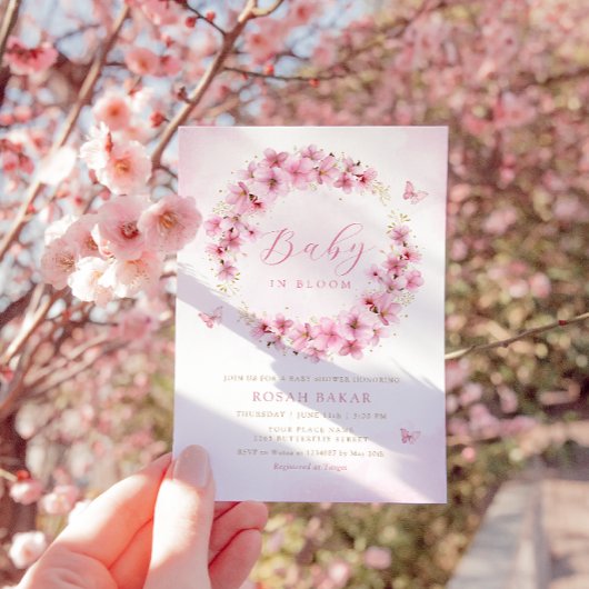 ボホ赤面ピンクフローラバタフライガールベビーシャワー 招待状