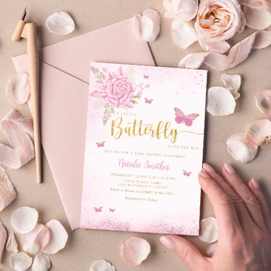 ボホ赤面ピンクフローラバタフライガールベビーシャワー 招待状