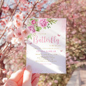 ボホ赤面ピンクフローラバタフライガールベビーシャワー 招待状