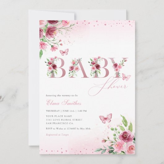 ボホ赤面ピンクフローラバタフライガールベビーシャワー 招待状 (正面)