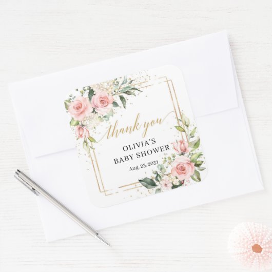 ボホ赤面ピンクフローラユーカリ金ゴールド赤ちゃんシャワー スクエアシール (封筒)