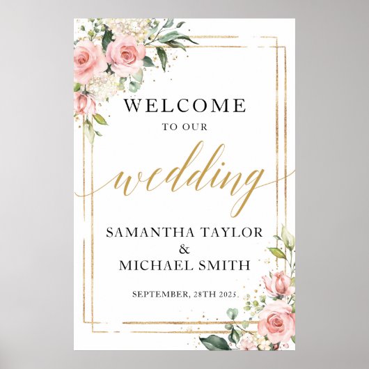ボホ赤面ピンクフローラ結婚のウェルカムポスターサイン ポスター (正面)