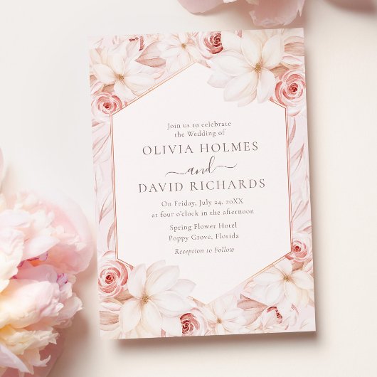 ボホ赤面ピンクフローラ結婚式招待状 招待状
