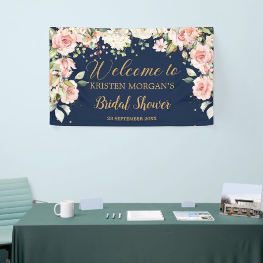 ボホ赤面ピンクフローラ緑ネイビーブライダルシャワー 横断幕 (トレードショー)