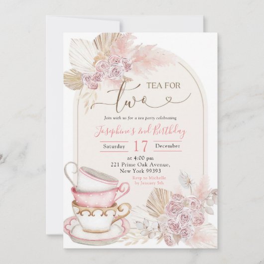 ボホ赤面ピンクフローラ茶のための2誕生日 招待状 (正面)