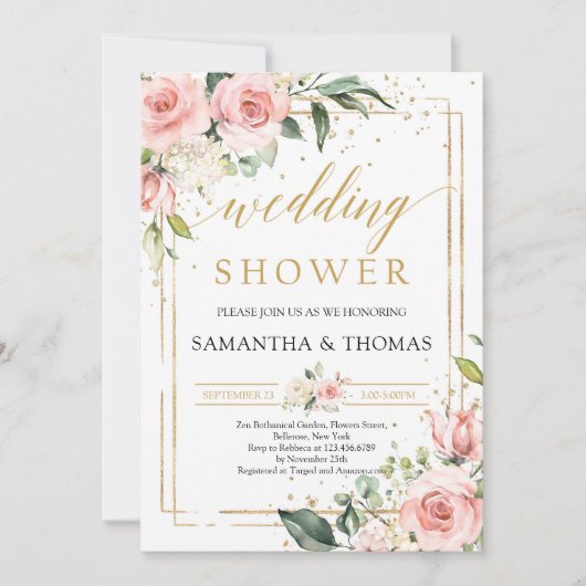 ボホ赤面ピンクフローラ金ゴールドウェディングシャワー 招待状 (正面)
