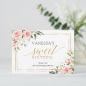 ボホ赤面ピンクフローラ金ゴールドグリッター16誕生日 サンキューカード (スタンド正面)