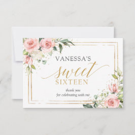 ボホ赤面ピンクフローラ金ゴールドグリッター16誕生日 サンキューカード