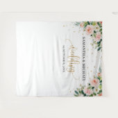 ボホ赤面ピンクフローラ金ゴールド結婚グリーンの背景 タペストリー (正面(横))