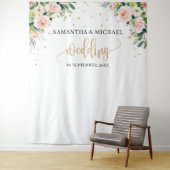 ボホ赤面ピンクフローラ金ゴールド結婚グリーンの背景 タペストリー (インサイチュ)