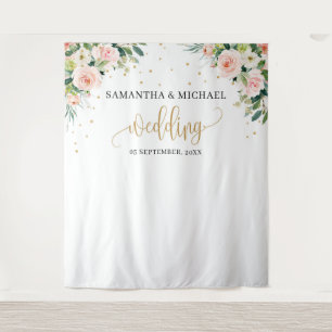 ボホ赤面ピンクフローラ金ゴールド結婚グリーンの背景 タペストリー