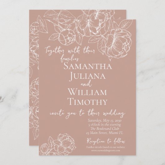 ボホ赤面ピンクボタニカルモダンフローラ結婚ズ 招待状 (正面/裏面)