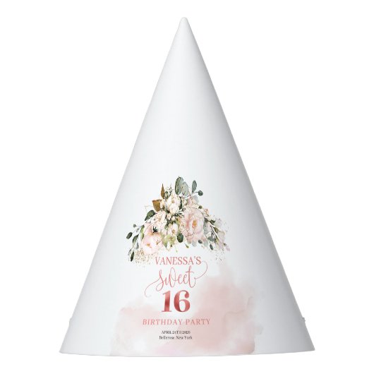 ボホ赤面ピンクローズバラ金ゴールドグリーンスウィート16th パーティーハット (正面)
