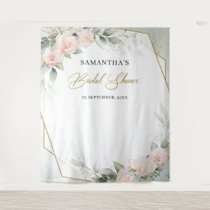ボホ赤面ピンクローズ緑金ゴールドブライダルシャワー タペストリー
