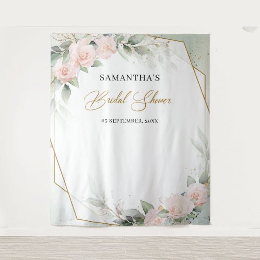 ボホ赤面ピンクローズ緑金ゴールドブライダルシャワー タペストリー (正面)