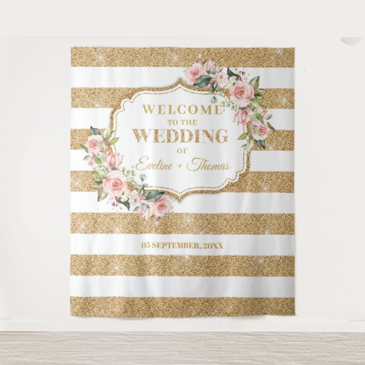 ボホ赤面ピンクローズ金ゴールドグリッターストライプズ結婚ス タペストリー (正面)