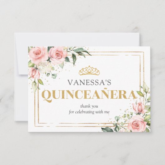 ボホ赤面ピンクローズ金ゴールドティアラ15誕生日 サンキューカード (正面)