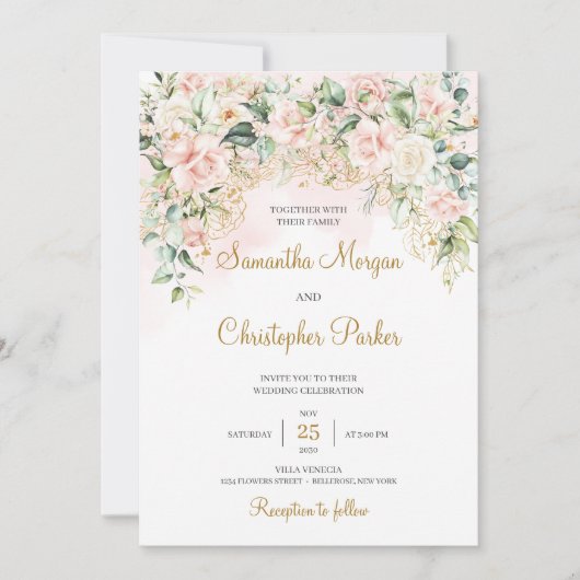 ボホ赤面ピンクローゼフラワーロマンチック結婚ズ 招待状 (正面)