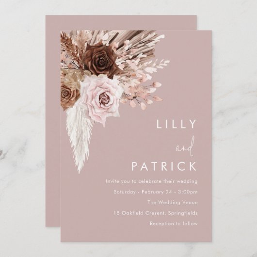 ボホ赤面ピンク結婚フローラ 招待状 (正面/裏面)