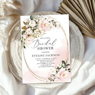 ボホ赤面ピンク花バラフェイク金ゴールド楕円形グリーン 招待状