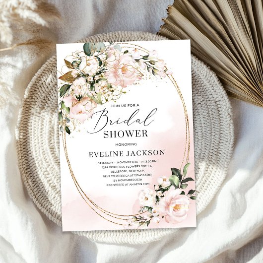 ボホ赤面ピンク花バラフェイク金ゴールド楕円形グリーン 招待状