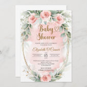 ボホ赤面ピンク花及びユーカリ金ゴールド枠 招待状 (正面/裏面)