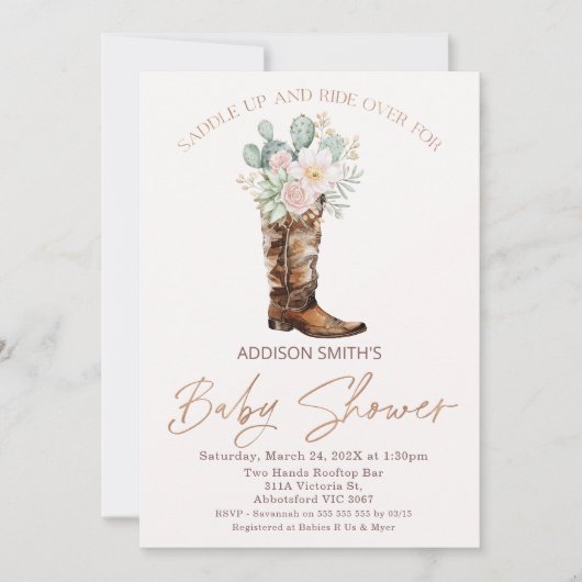 ボホ赤面フローラカッティブーツ赤ちゃんシャワー 招待状 (正面)