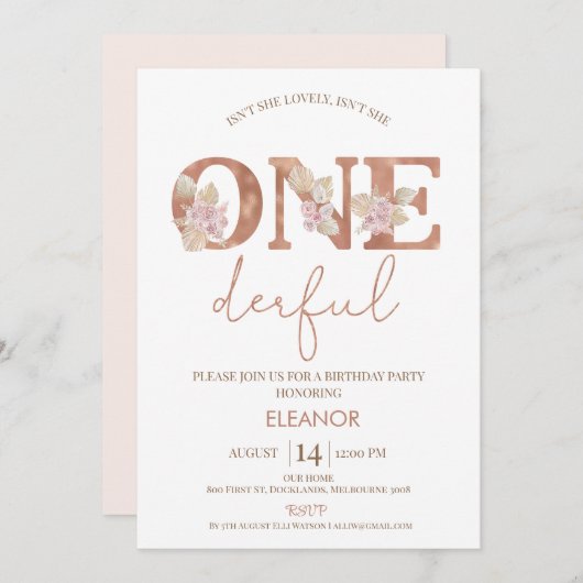 ボホ赤面フローラガールズオンダーフル1歳の誕生日 招待状 (正面/裏面)