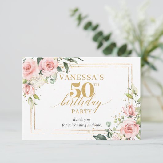 ボホ赤面フローラ金ゴールドグリッターセージ50歳の誕生日 サンキューカード (スタンド正面)